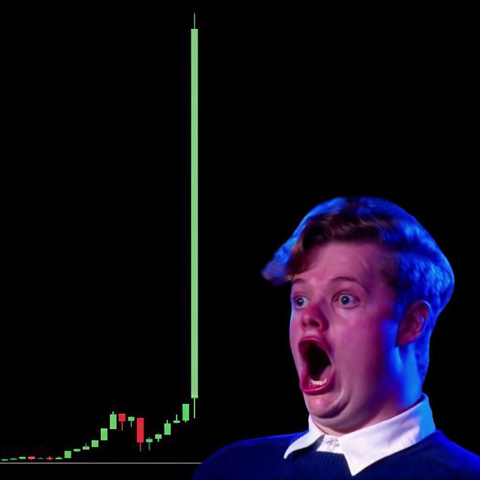 A shocked person with an exaggerated expression stands in front of a green candlestick chart showing a massive vertical price spike against a black background.