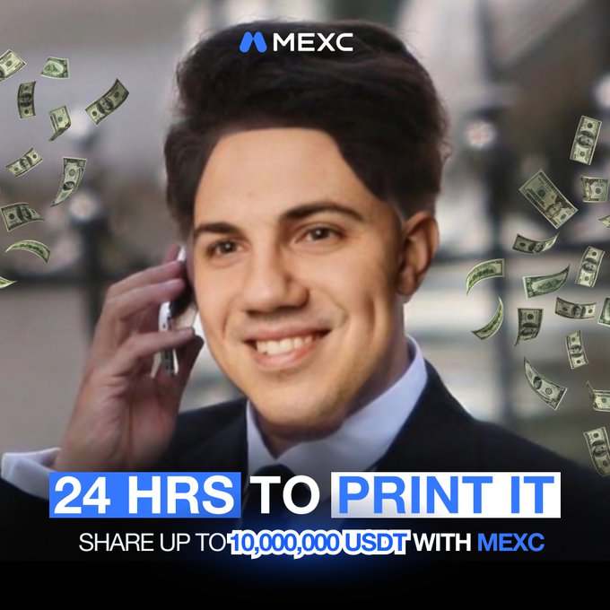 A smiling young man in a suit talks on a phone while dollar bills rain down around him, with the "MEXC" logo at the top and a promotional banner reading "24 HRS TO PRINT IT — SHARE UP TO 10,000,000 USDT WITH MEXC" at the bottom. The image serves as a celebratory promotional graphic for MEXC's campaign, visually conveying the "make it rain" profits described in the post, which highlights a leveraged short opportunity on the $PONS token.