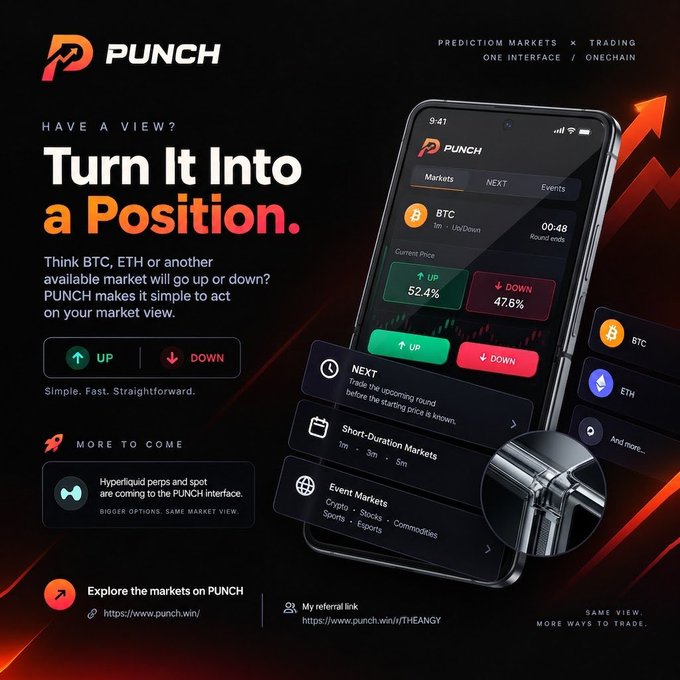 A promotional advertisement for the PUNCH trading platform, encouraging users to 'Turn It Into a Position' on prediction markets, featuring a phone interface displaying BTC up/down probabilities of 52.4% and 47.6%, with the referral link https://www.punch.win/r/THFANGY.