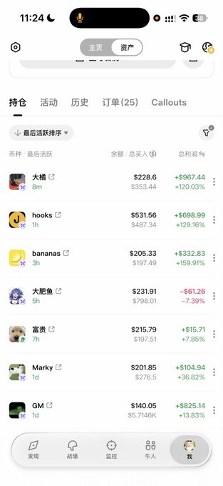A mobile app interface showing a portfolio/holdings list with users like 大橘 ($228.6), hooks ($531.56), bananas ($205.33), 大肥鱼 ($231.91), 富贵 ($215.79), Marky ($201.85), and GM ($140.05) with profit/loss percentages displayed in green and red.