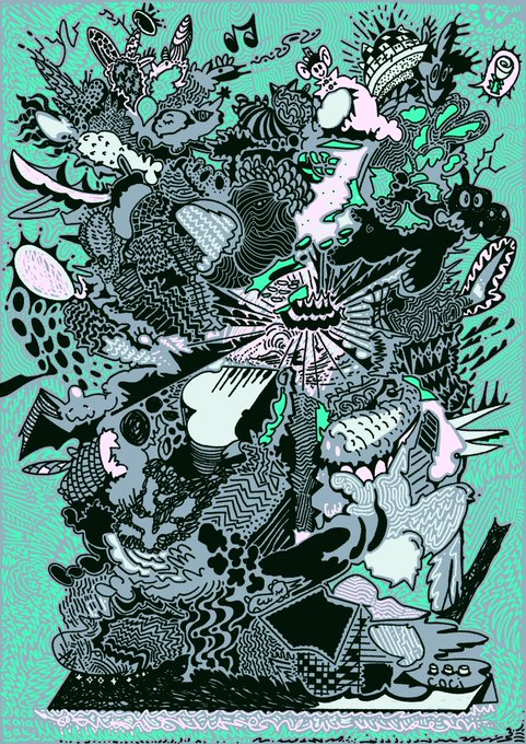 A colorful, abstract digital illustration featuring dense, intricate black line work and various patterned shapes in turquoise, pink, and white, depicting creatures, waves, and abstract figures.