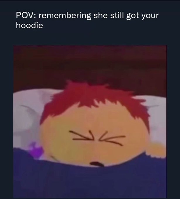 Meme image with text 'POV: remembering she still got your hoodie' showing a cartoon character sleeping in bed with a purple heart emoji.