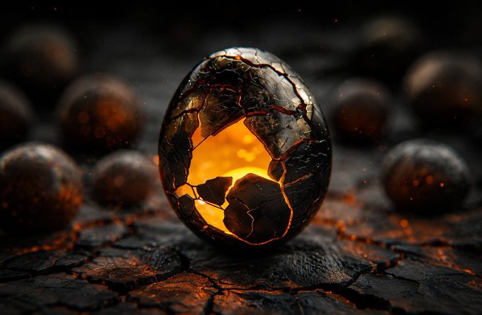 A digital rendering of a cracked, egg-like sphere with molten orange lava glowing from within, set on dark rocky ground surrounded by smaller similar spheres.