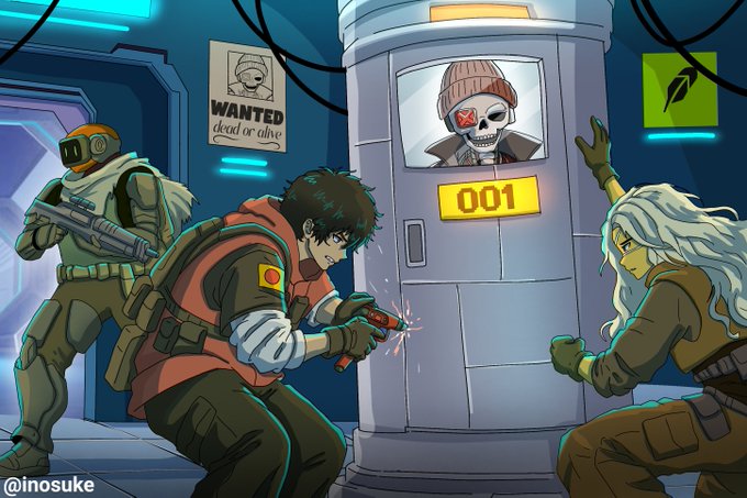 A sci-fi anime-style illustration by @inosuke showing armed characters attempting to break open a pod marked '001' containing a skeleton wearing a beanie.