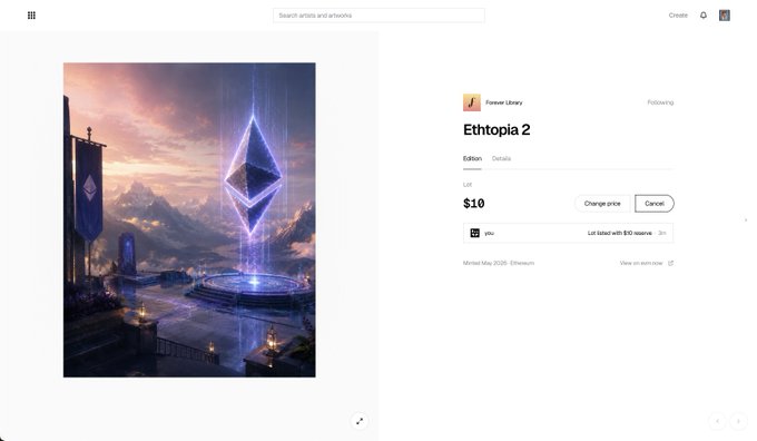 An NFT marketplace listing page showing a digital artwork titled 'Ethiopia 2' from the 'Forova Library' collection, listed at $10 with 28 editions.