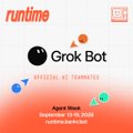 A promotional app icon for 'GroK Bot - Official AI Teammate' from Runtime, featuring a robot character on a peach background.