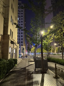 A quiet nighttime street scene with a tree-lined sidewalk lit by streetlights beside an apartment building.