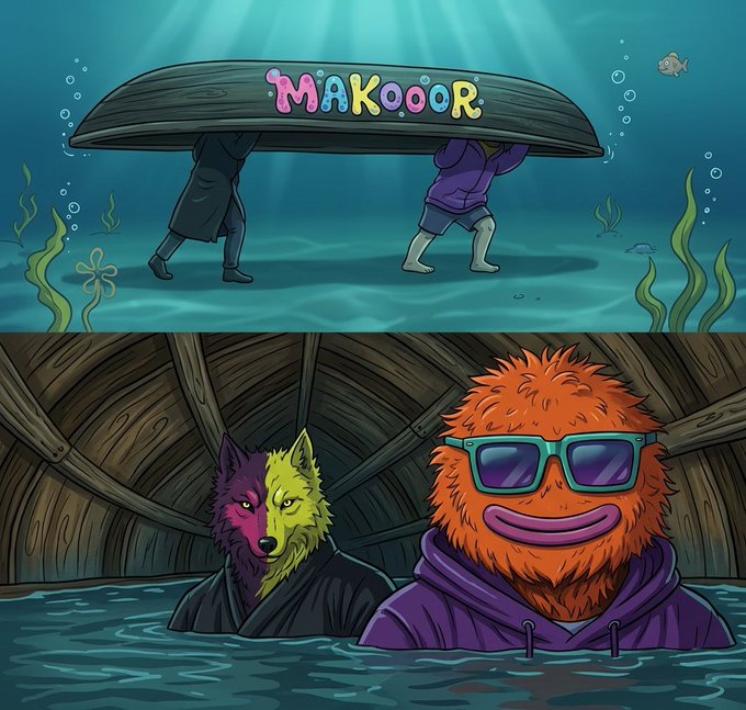 A two-panel cartoon illustration; the top shows two silhouetted figures carrying a boat labeled 'Makooor' underwater, while the bottom panel reveals a purple wolf and an orange yeti-like creature wearing sunglasses in the boat.