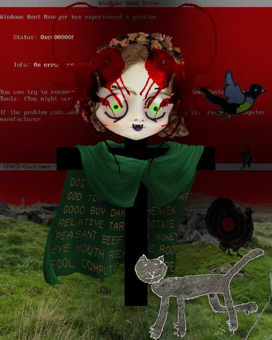 Digital collage artwork featuring a stylized doll-like figure with red and green eyes against a Windows Boot Error red screen background, with text including 'SPACE-Continue', 'DOG', 'GOD TOY', 'GOOD BOY DAM', 'RELATIVE TAR', 'PEASANT BEEF', 'EYE MOUTH REF', 'COOL COMPUTE', 'HEAVEN', 'ROTATE', 'MONEY', 'ROO'.