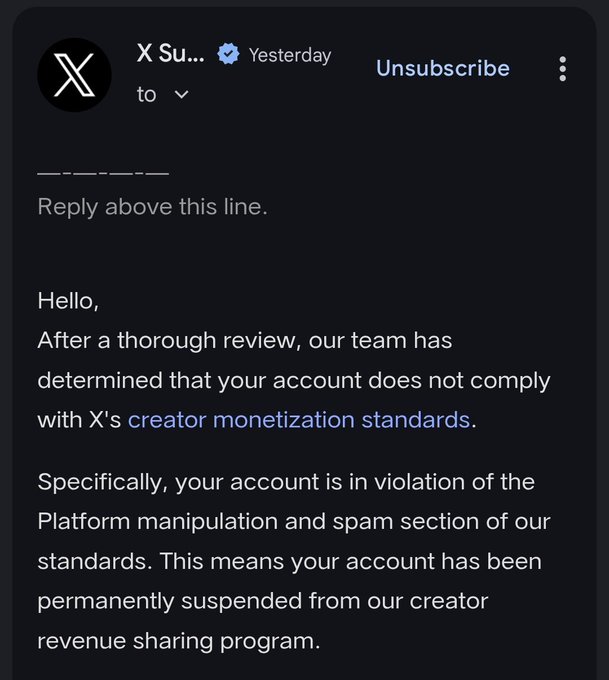 An email screenshot from X Support stating the user's account has been 'permanently suspended from our creator revenue sharing program' due to violations of platform manipulation and spam standards.