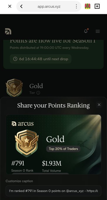 A mobile screenshot from the Arcus app shows a 'Gold' Tier 1 ranking achievement with #791 Season 0 Rank and $1.93M Total Volume, indicating the user is in the top 20% of traders.
