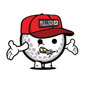 A cartoon golf ball character wearing a red 'MULLSON 019' cap smokes a cigarette and gives a peace sign.