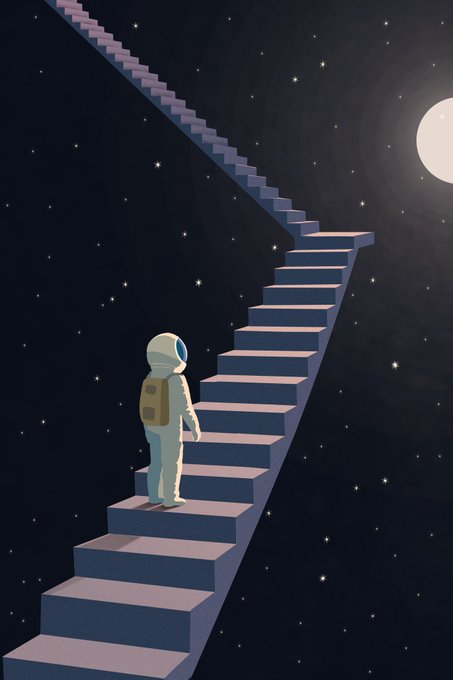 Illustration of an astronaut with a yellow backpack climbing a long staircase ascending into a starry night sky toward the moon.