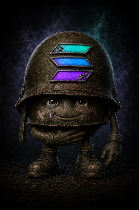 A 3D render of a stylized, melancholic character made of rusty metal wearing a helmet with three colored stripes (teal, blue, purple), a military helmet design reminiscent of Starship Troopers.