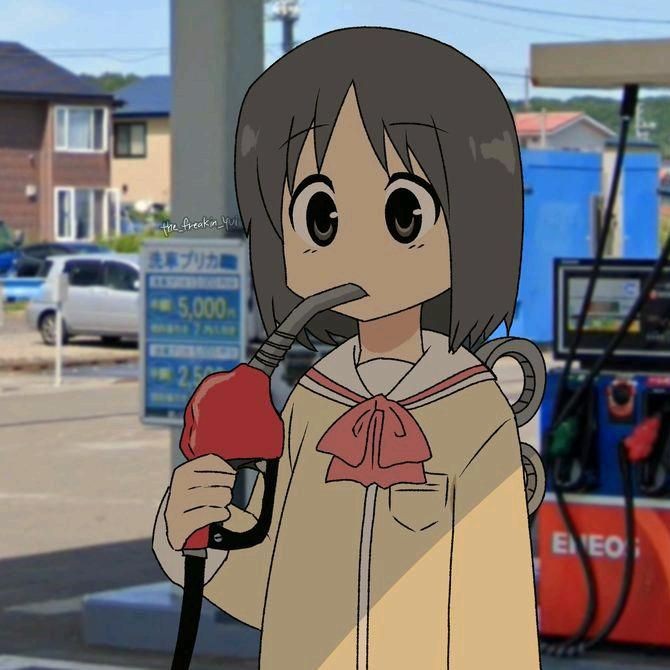 An anime-style illustration of a girl with short brown hair holding a gas pump nozzle in her mouth at a gas station, with an ENEOS station visible in the background.