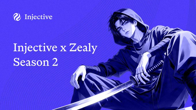 The image showcases a purple-themed promotional graphic featuring the Injective logo and text reading "Injective x Zealy Season 2," alongside an anime-style illustration of a hooded figure holding a katana, capturing the launch announcement of Zealy Season 2 with its increased reward pool of over 1,000 $INJ.