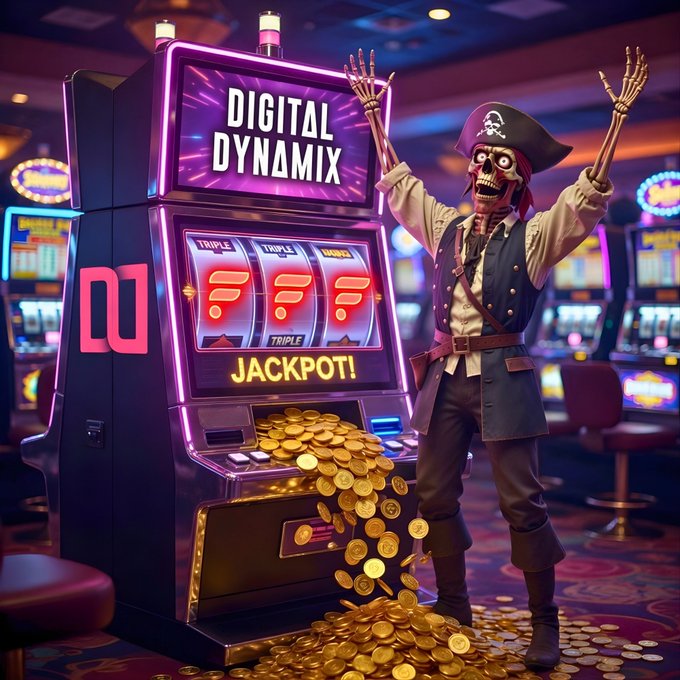 A vibrant digital illustration of a pirate skeleton in a casino setting standing next to a 'DIGITAL DYNAMIX' slot machine with 'JACKPOT!' displayed and gold coins spilling out.