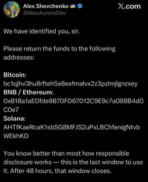 A screenshot of a tweet from Alex Shevchenko (@AlexAuroraDev) demanding the return of funds to specified Bitcoin, BNB/Ethereum, and Solana addresses within 48 hours under threat of responsible disclosure.