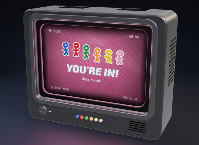 A retro-style TV displays colorful gingerbread-man-style figures above the text "YOU'RE IN! Stay tuned," with "2026 20XX" and "PM 1:14" shown on-screen, visually celebrating their early arrival and eagerness for the upcoming event.
