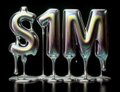 A stylized graphic featuring the text '$1M' in silver, metallic balloon-like lettering against a black background.
