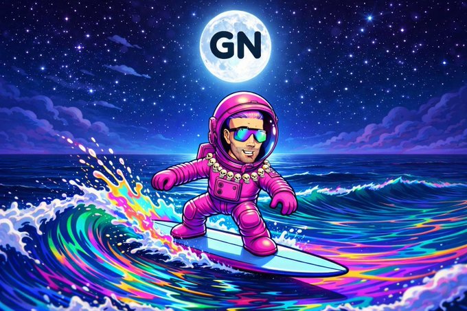 A vibrant illustration of an astronaut in a pink suit surfing on neon-colored waves at night under a full moon that reads "GN" (Good Night).
