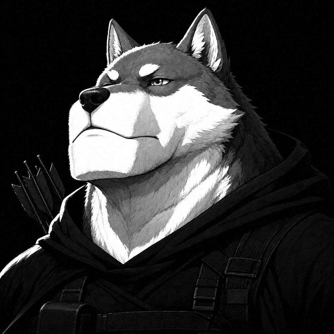 A black-and-white digital illustration of an anthropomorphic husky character wearing a hooded cloak with arrows visible over one shoulder.