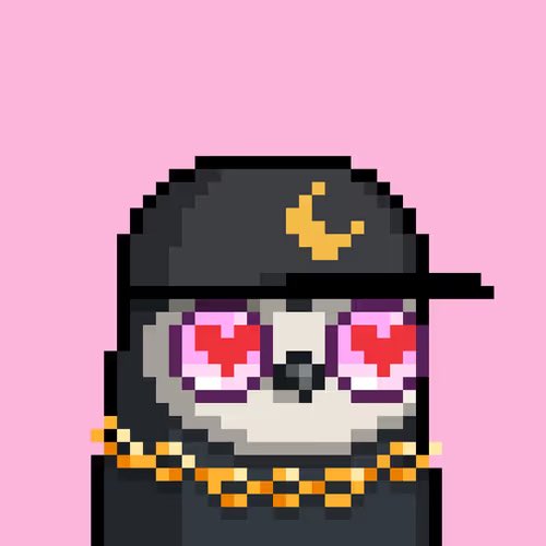A pixel art character with a skull-like face, heart-shaped pink sunglasses, a black cap, and a gold chain is set against a solid pink background.