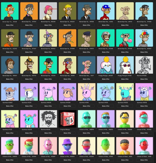 A grid of NFT avatars including Bored Ape Yat, Pudgy Penguins, Quirklings, Citizen of Vibs, and Nomie collections are displayed with "Make Offer" buttons beneath each item. The image appears to be a screenshot from an NFT lending platform, illustrating the context of the post about avoiding a financial loss by having collateral on Gondi while maintaining active loan approvals on another platform.