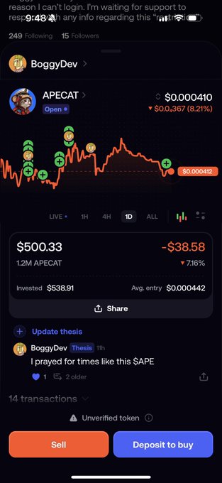 A cryptocurrency trading app screenshot showing a token called APECAT with a price of $0.0000410, down 8.21%, and a portfolio holding of 1.2M APECAT valued at $500.33, a 7.16% loss against a $538.91 investment.