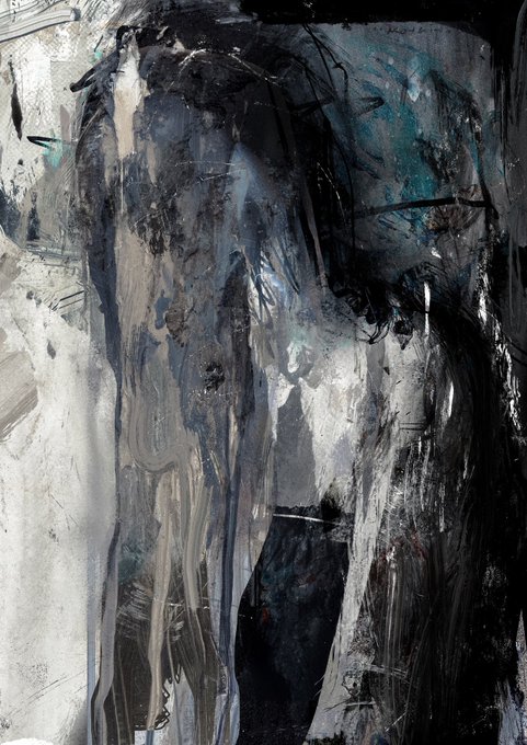 An abstract painting characterized by dark, moody tones with grey, black, and teal brushstrokes and dripping textures.