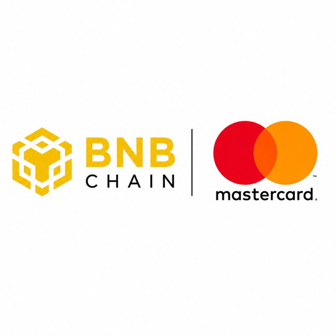 A white background displaying the BNB Chain golden cube logo next to the Mastercard red and orange overlapping circles logo, indicating a partnership between the two brands.