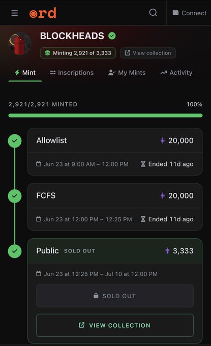 Mobile screenshot of an Ordinals collection page for "BLOCKHEADS" showing a fully minted collection of 2,921/2,921, with completed Allowlist and FCFS phases and a sold-out Public phase.