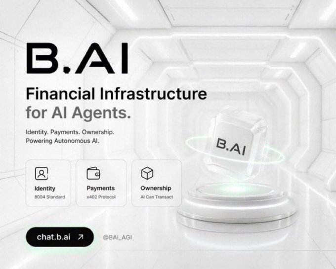 An advertisement for B.AI displays the tagline "Financial Infrastructure for AI Agents" alongside features for "Identity (8004 Standard)," "Payments (x402 Protocol)," and "Ownership (AI Can Transact)", with the website "chat.b.ai" and handle "@BAI_AGI".