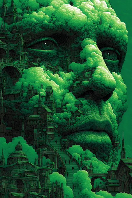 A surreal green-toned digital artwork depicting a giant human face emerging from or constructed of clouds and a detailed cityscape with buildings and architectural elements.