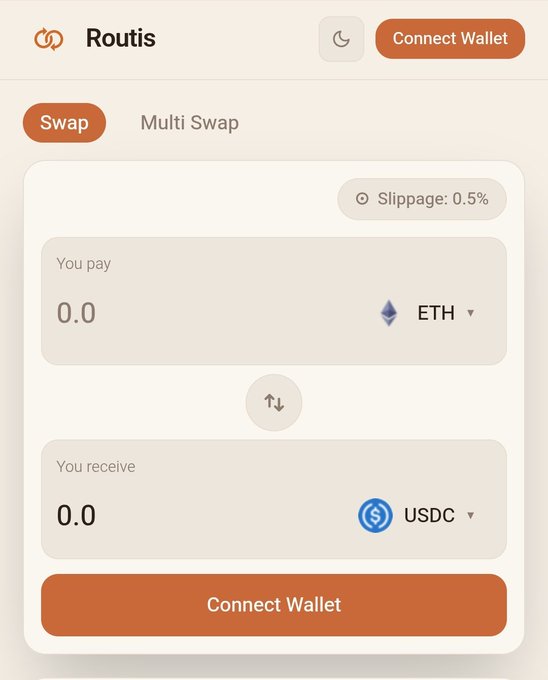 The image shows the RoutisApp swap interface, displaying a token exchange between ETH and USDC with a 0.5% slippage setting and a prominent "Connect Wallet" button. This directly illustrates the post's call to action, which instructs users to connect their wallet, swap using the AI Agent to engage with the x402 payment infrastructure, and ensure they hold USDC in their wallet.