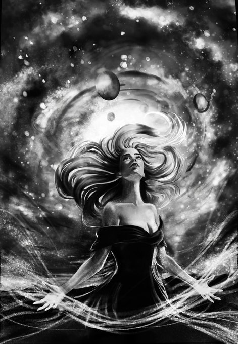 A black and white surreal illustration of a woman with billowing hair, wearing a strapless dress, surrounded by swirling cosmic energy, stars, and floating spheres.