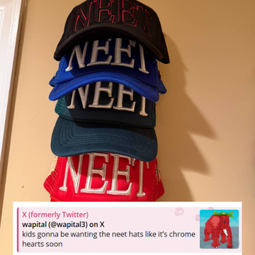 A stack of "NEET" branded baseball caps in various colors displayed on a wall, with an X (formerly Twitter) post from @wapital3 mentioning kids wanting these hats like "chrome hearts," alongside a tweet about NEET coin being priced at $0.02. The image showcases physical merchandise branded with the NEET logo, tying into the online discussion about the NEET cryptocurrency and its branded apparel.