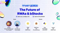 Promotional graphic for a Twitter/X Space event titled "The Future of RWAs & bStocks," hosted by Trust Wallet in partnership with Source (PYTHNetwork), scheduled for June 30 at 12:00 PM UTC, featuring hosts Apesish, Vlod, Chai Lan, Kay, and Loom 8 alongside banners for Binance Marketing Manager, Social Lead from Trust Wallet, and BNB Chain, PancakeSwap, and Venus Protocol representatives.