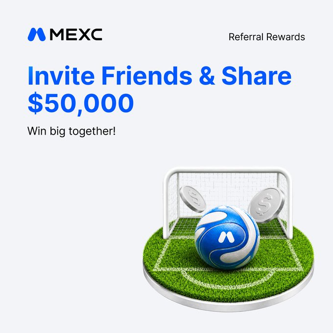 A MEXC Referral Rewards promotional banner invites users to "Invite Friends & Share $50,000" and "Win big together!" featuring a soccer ball with the MEXC logo on a goal with dollar coins, illustrating the football-themed campaign offering up to 22,400 USDT in Futures bonuses for referring new users who complete event tasks by July 20.