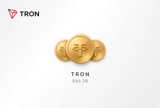 A minimalist promotional image for TRON cryptocurrency showing three gold TRX coins with a market cap of $89.2B.