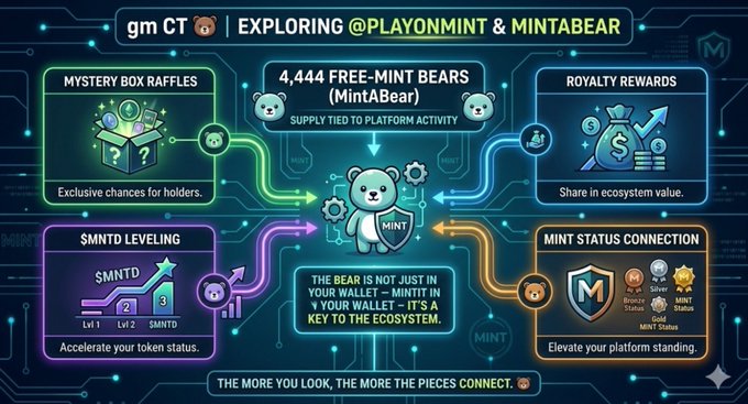 A digital infographic titled 'gm CT 🐻 | EXPLORING @PLAYONMINT & MINTABEAR' showcasing ecosystem features like Mystery Box Raffles, 4,444 Free-Mint Bears, Royalty Rewards, SMNTD Leveling, and Mint Status Connection around a central bear mascot.