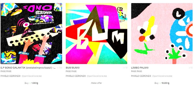 A screenshot of a digital art marketplace showing three artworks by PAMILO CEIRONE@ titled 'E.P SONO GALAKTIK', 'BUM BUM!', and 'LIMBO PALA!', priced in tez.