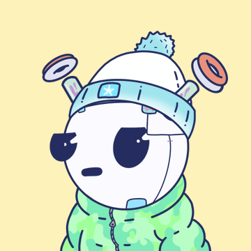 A cartoon illustration of a panda-like character wearing a light blue and white winter hat with ear flaps and a green hoodie, set against a yellow background.
