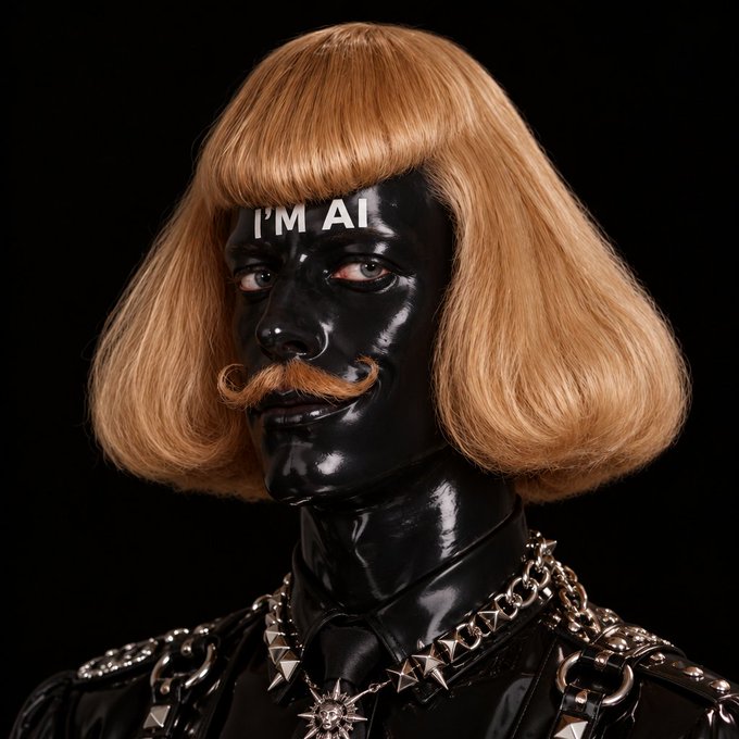 A portrait of a figure wearing a blonde wig and an orange mustache on a glossy black face, with the text 'I'M AI' displayed on the forehead and dressed in spiked metallic armor against a dark background.