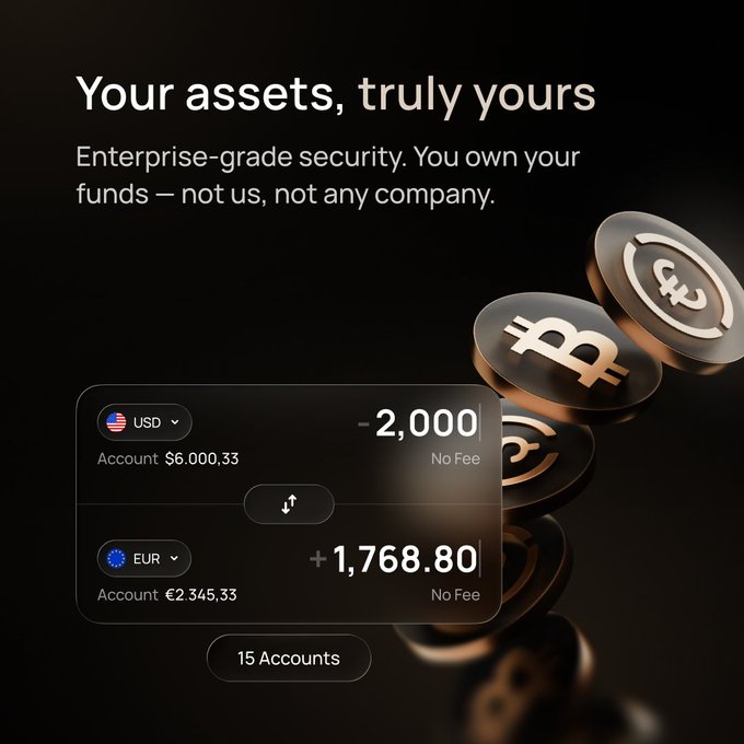 The image promotes "Your assets, truly yours" with enterprise-grade security messaging, showing a Wirex-style currency exchange interface converting $2,000 USD to €1,768.80 (with "No Fee" labels) against a backdrop of bronze Bitcoin coins. The visual reinforces the post's message about maintaining control over wealth, emphasizing fee-free multi-currency accounts (15 Accounts) and self-custody as alternatives to trusting third parties with significant assets.
