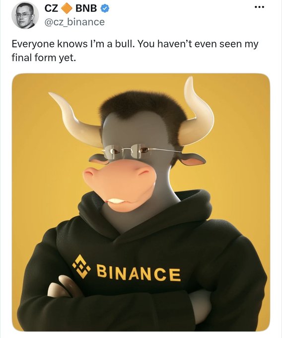 A tweet from CZ (@cz_binance) features a 3D-rendered bull mascot wearing sunglasses and a black Binance hoodie, with the caption "Everyone knows I'm a bull. You haven't even seen my final form yet." — visually reinforcing the post's message that CZ is the "Real Bull" through the literal depiction of a bullish bovine figure representing the Binance founder.