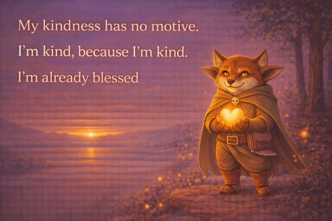 An illustrated fox-like creature wearing a brown cloak stands holding a glowing heart, with the text 'My kindness has no motive. I'm kind, because I'm kind. I'm already blessed' set against a sunset landscape.