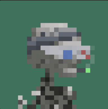 A low-resolution pixel art image of a character with a grey and blue robotic-looking head on a solid green background.