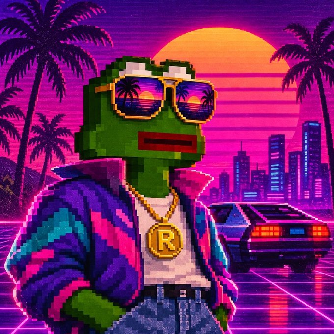 A retro pixel art style illustration of a green alien character wearing pixelated sunglasses that reflect palm trees and sunsets, dressed in a colorful jacket with a gold 'R' medallion, set against a neon purple and pink cityscape with palm trees.