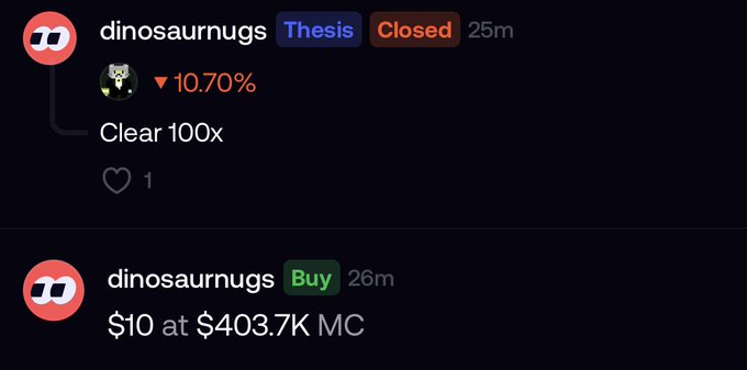 A screenshot showing trading activity from 'dinosaurnugs' with a closed position at -10.70% ('Clear 100x') and a buy order of '$10 at $403.7K MC'.